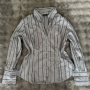 New York & Company Grey Striped Button Down